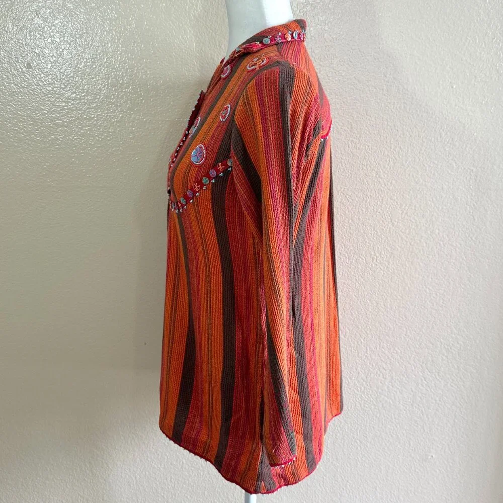 Generation Y2K Orange Woven Hippie Boho Embellished Blouse